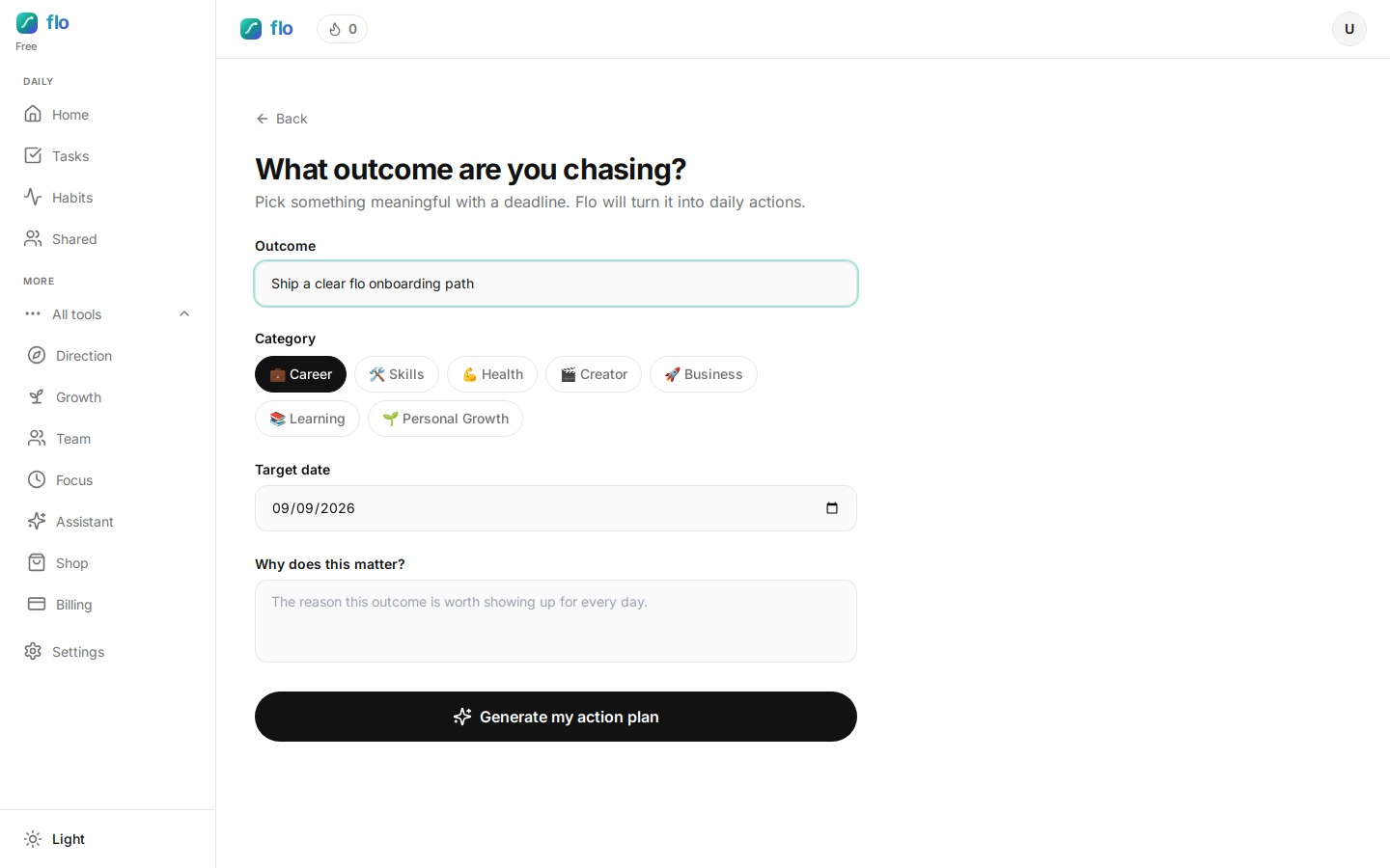 Direction form in flo asking what outcome you are chasing with category and target date