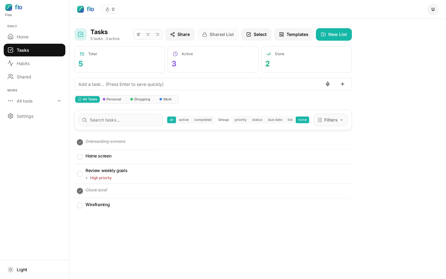 Task composer in flo with deadline, time estimate, and priority toggles