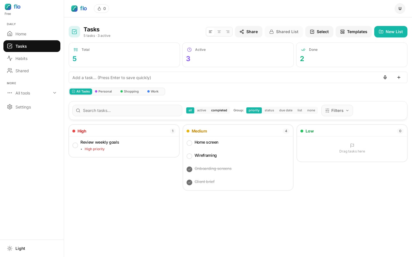 flo Tasks board grouped by priority columns for a clear urgency map
