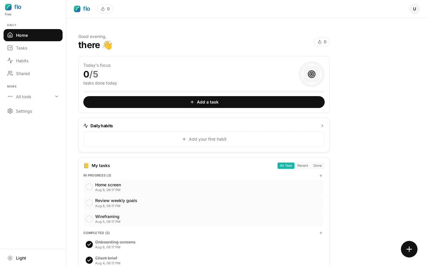 flo Home overview showing sidebar navigation and today’s daily tools snapshot