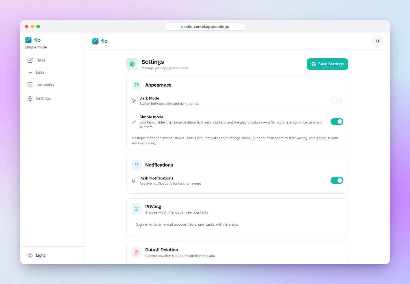 flo Settings with Simple mode switched on; the sidebar shows only Tasks, Lists, Templates and Settings