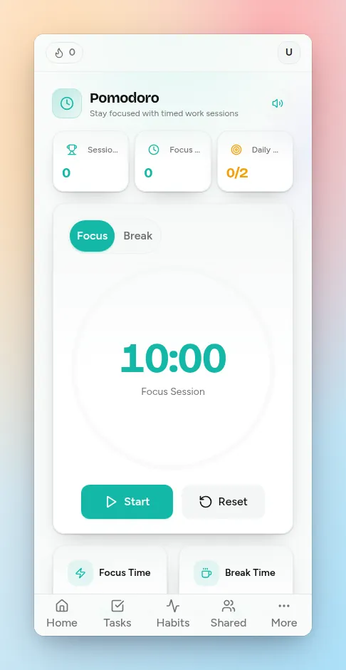 flo Pomodoro on a phone-width screen with Focus Time set to 10 minutes
