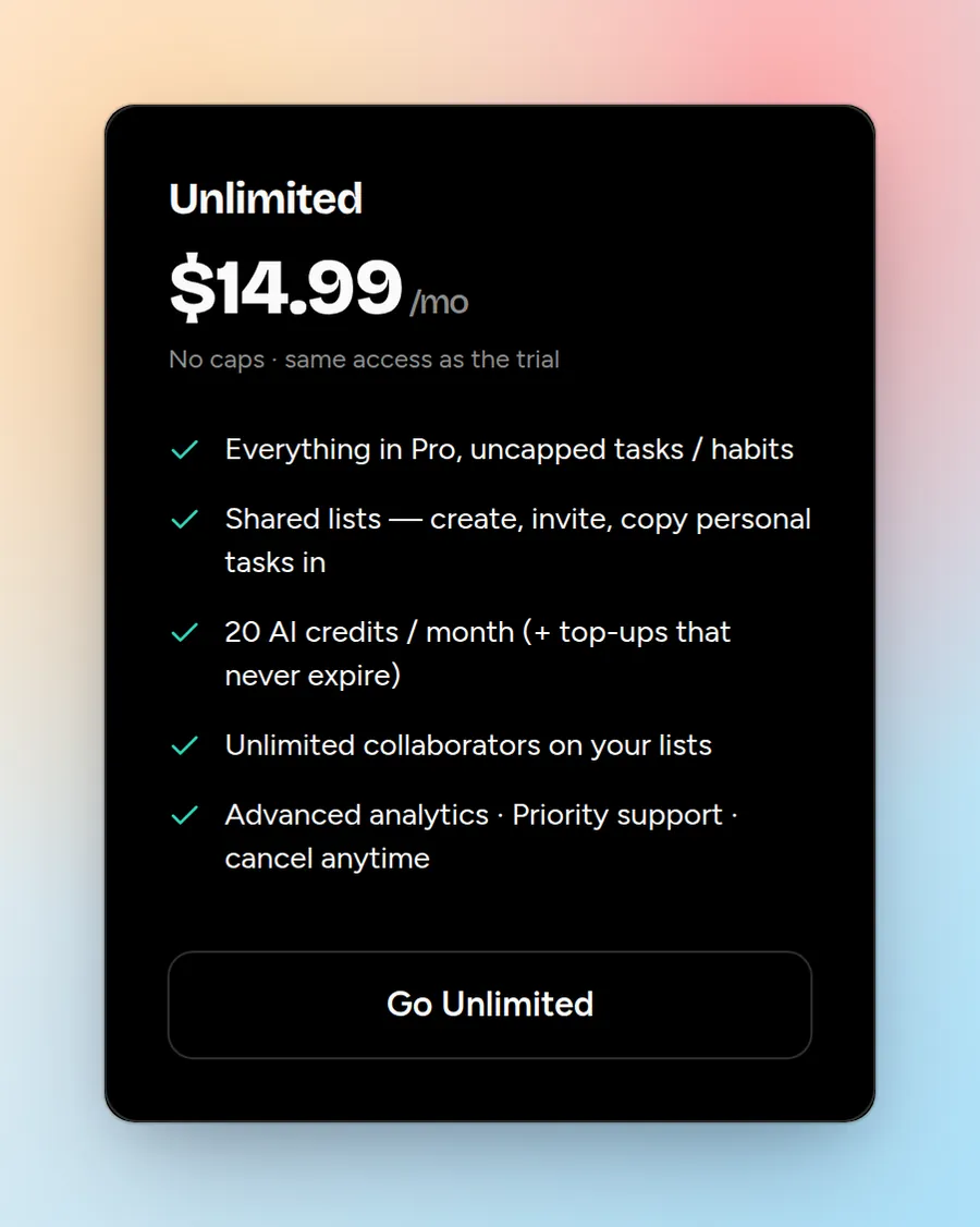 flo Unlimited plan card at $14.99 a month with shared lists and unlimited collaborators