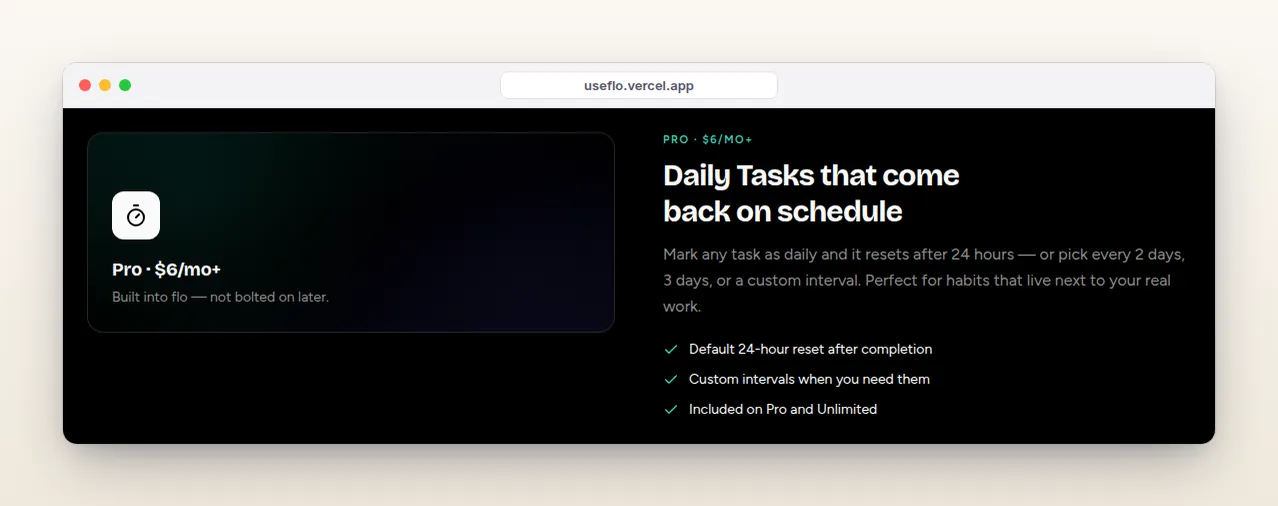 flo homepage section: Daily Tasks that come back on schedule, on Pro from $6 a month