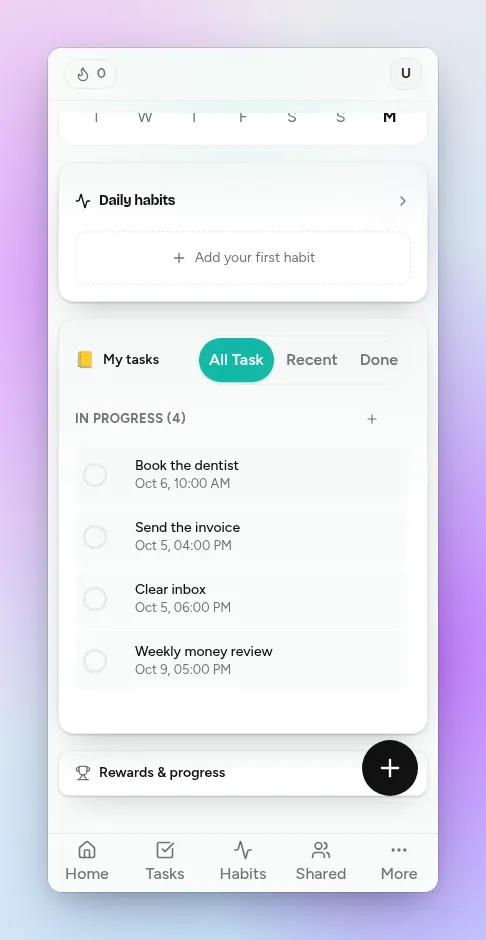flo Home on a phone: the Daily habits card above My tasks with four tasks in progress