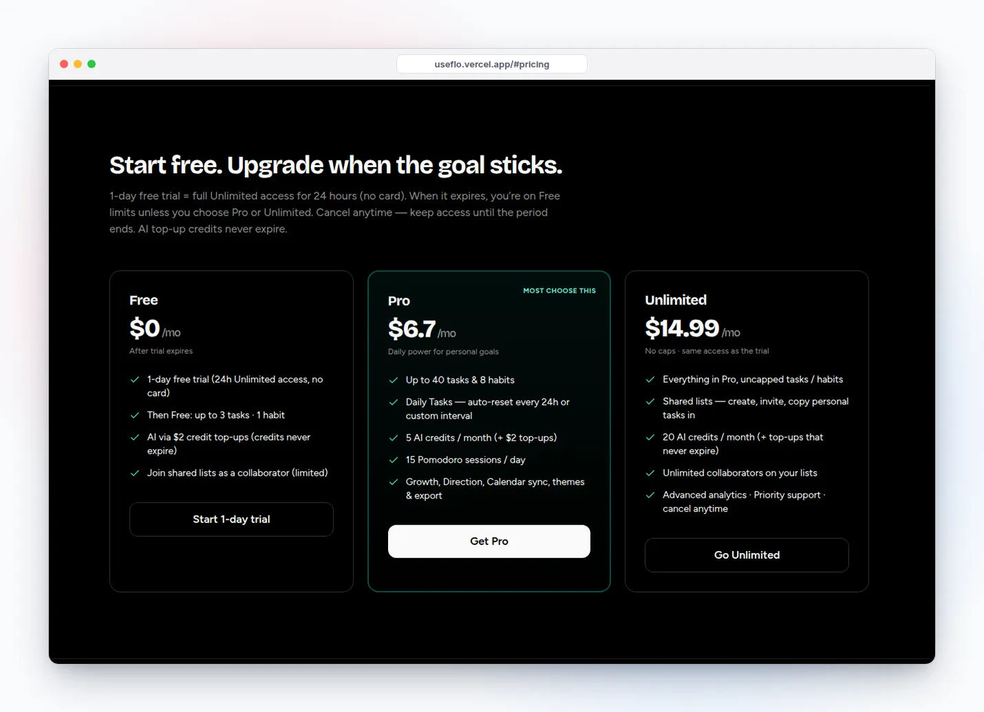 flo pricing: Free up to 3 tasks and 1 habit, Pro up to 40 tasks and 8 habits with Daily Tasks, Unlimited with no caps