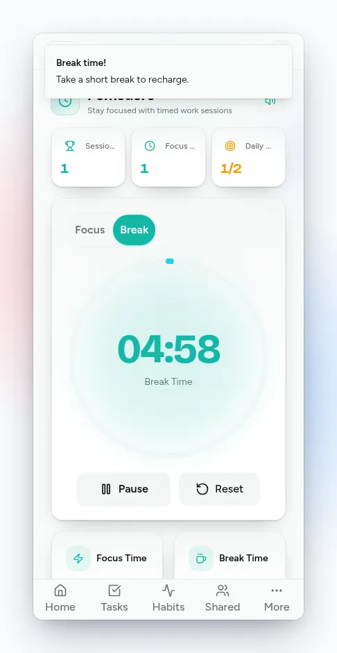 flo Pomodoro on a phone after a focus session: a Break time! notice, the break timer at 04:58, and Sessions 1, Focus Mins 1, Daily Cycles 1/2