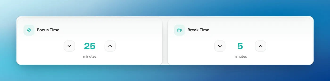 flo Focus Time and Break Time controls set to 25 and 5 minutes