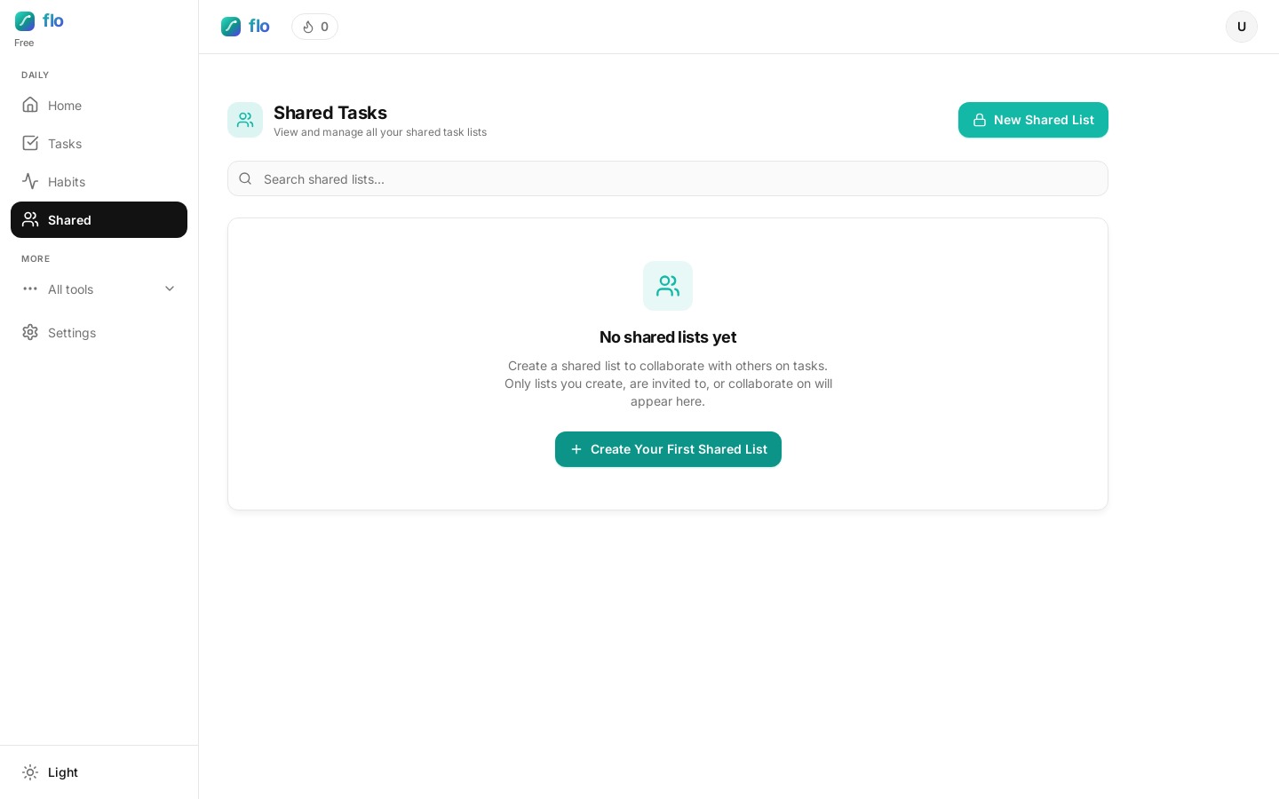 flo Shared Tasks page with a New Shared List button and an empty state explaining shared lists