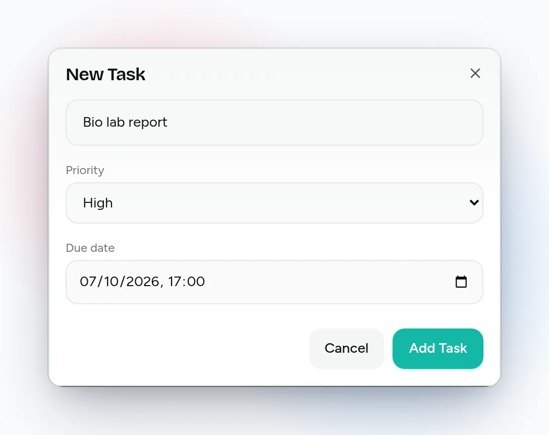 flo New Task form with the title Bio lab report, priority High and a due date