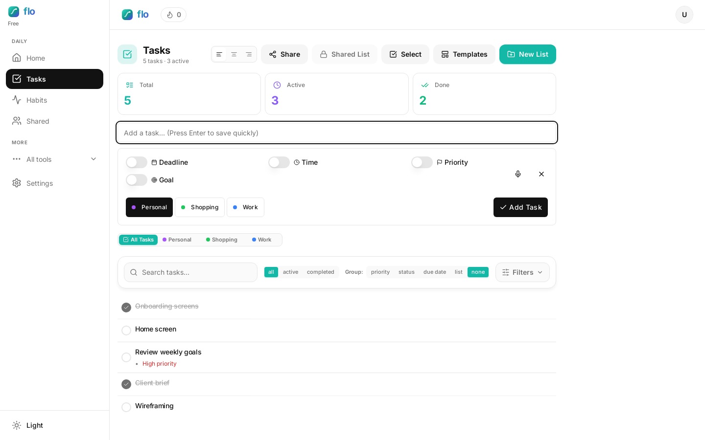 flo Tasks page with the Quick Add row open, showing deadline, time, priority and goal toggles plus a microphone button