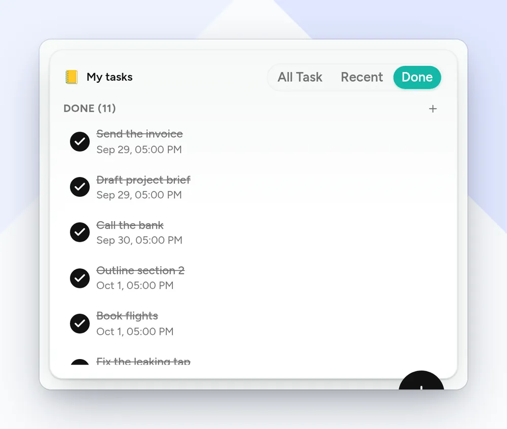 flo Home My tasks card on the Done tab, listing finished tasks with their dates
